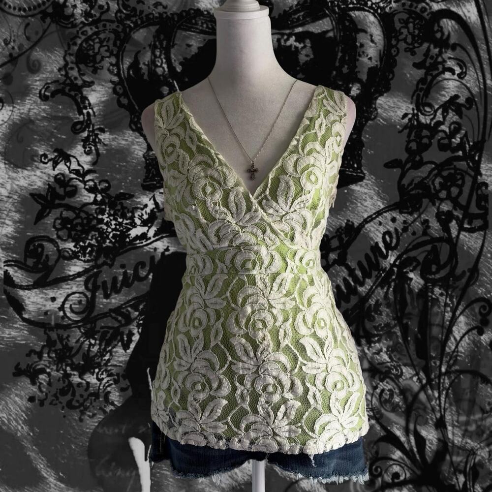 white flower lace overlay deep v neck Y2K fairy core lime green glam tank top